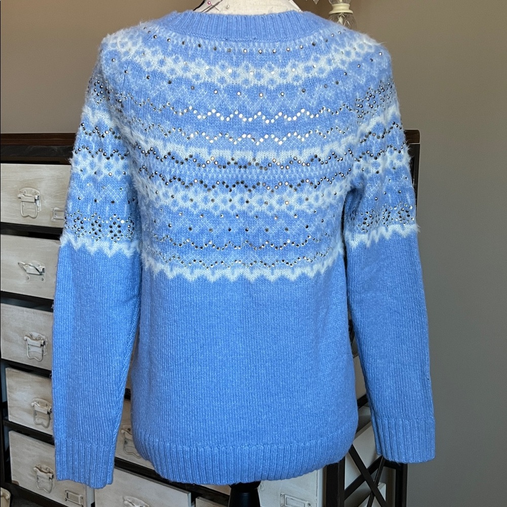 NEW Talbots Light Blue and White Fairisle Fuzzy Patterned Sweater - Picture 3 of 9